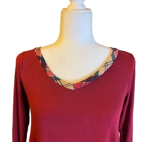 Reborn J Long Sleeve Deep Cranberry Plaid Detail V-neck Tunic Ladies Small - Picture 4 of 11